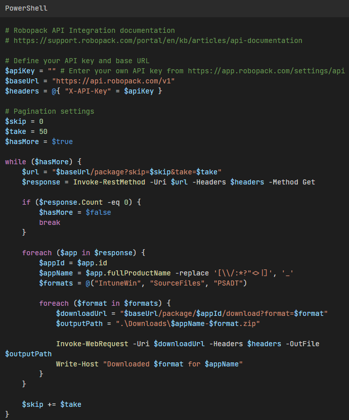 Powershell script for Robopack API integration 